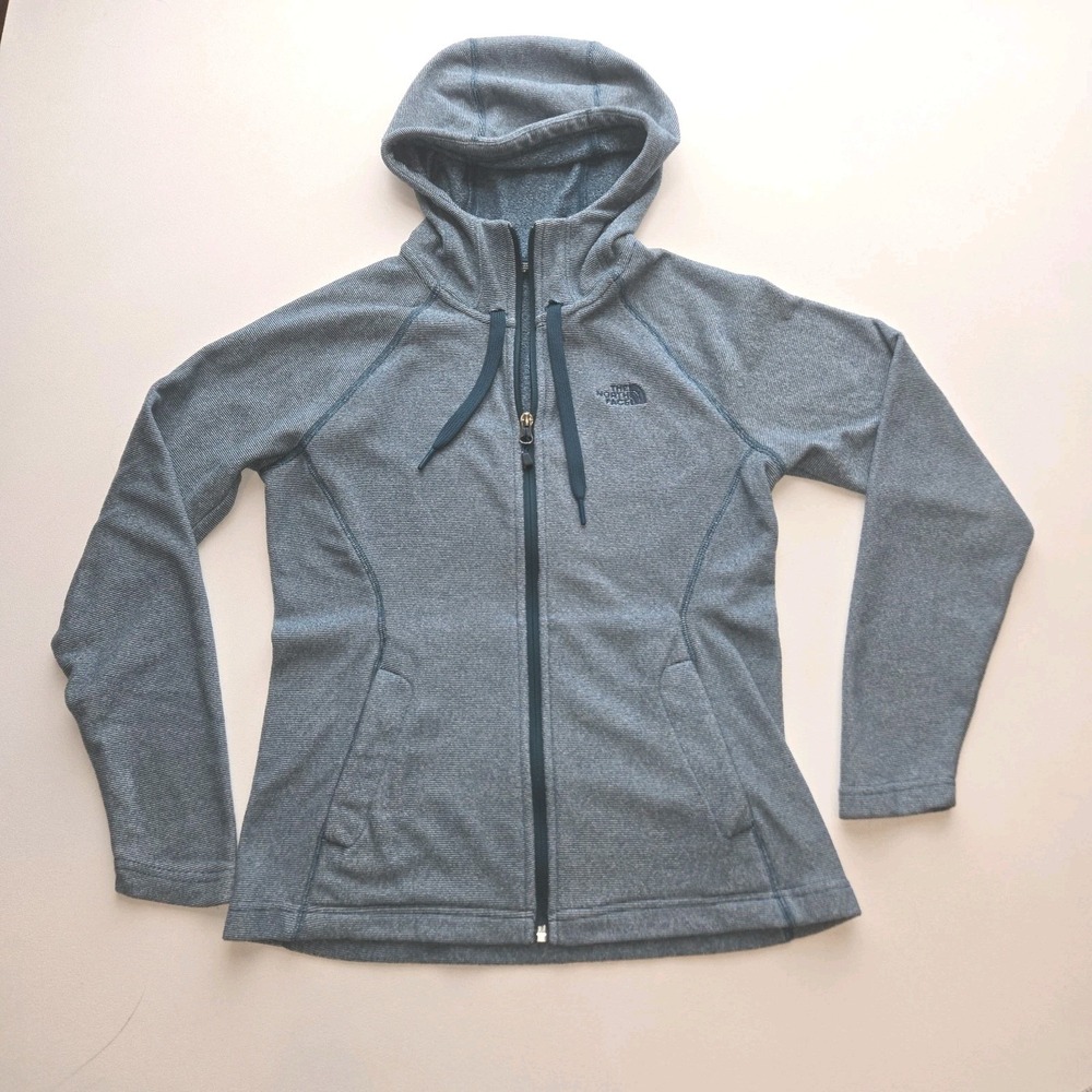 The North Face Womens Hoodie Blue Striped Long Sleeve‎ Full Zip Teal Logo Small